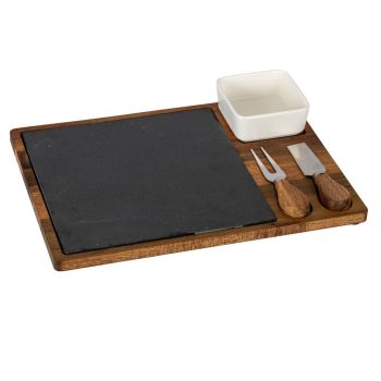 Acacia Cheese Board Set with White Bowl, Slate and Cutlery - L24 x W33 x H5 cm - Brown