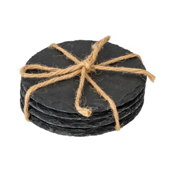 Round Slate Coasters (Set of 4) - Stone - L10 x W10 x H4 cm - Black