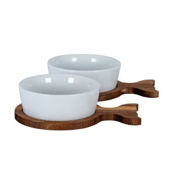 Acacia Fishtail Serving Trays (Set of 2) with Bowls - Ceramic - L9 x W13 x H4 cm - Brown
