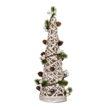 Large White LED Rattan Cone Tree with Winter Branches - Plastic - H42 cm