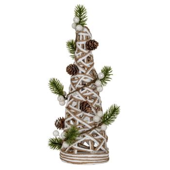Small White LED Rattan Cone Tree with Winter Branches - Plastic - H32 cm