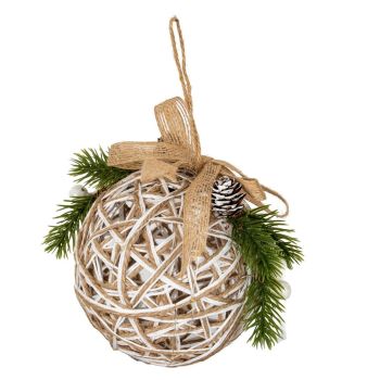 Small White LED Rattan Bauble with Branches And Ribbon - Plastic - L13 x W13 x H22 cm