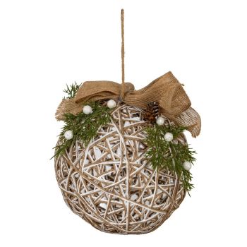 Large White LED Rattan Bauble with Branches And Ribbon - Plastic - L19 x W19 x H31 cm