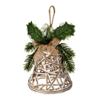 White Rattan Bell Decoration with Branches And Ribbon - Plastic - L11 x W11 x H15 cm - White