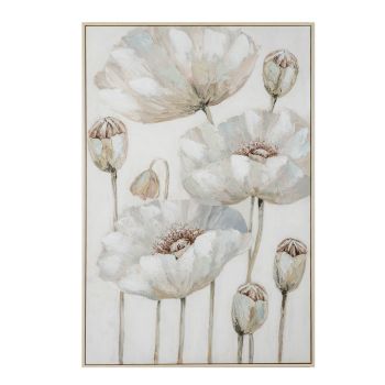 Poppy Stems Hand-Painted Canvas Wall Art in Wooden Frame - L3 x W82 x H122 cm - Beige
