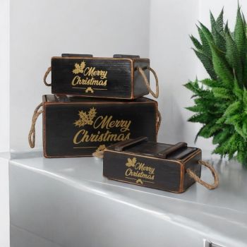 Crates with Lids Rope Han (Set of 3) - Wood - Black - Black