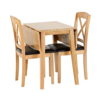 Mason Double Drop Leaf Dining Set - Oak Varnish/Brown Faux Leather