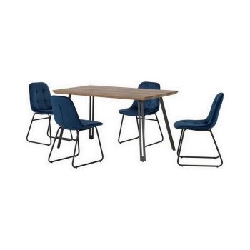 Quebec Straight Edge Dining Set with Lukas Chairs - Medium Oak Effect/Black/Sapphire Blue Velvet
