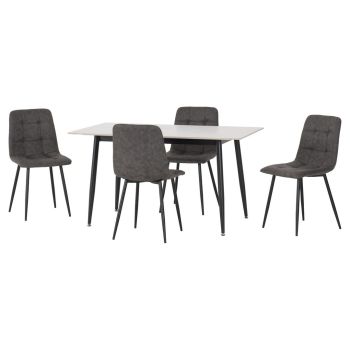 Fenton Dining Table and 4 Chairs Set - L80 x W76 x H140 cm - White Marble Stone Effect/Dark Grey Suede