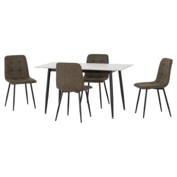 Fenton Dining Table and 4 Chairs Set - L80 x W76 x H140 cm - White Marble Stone Effect/Olive Green Suede