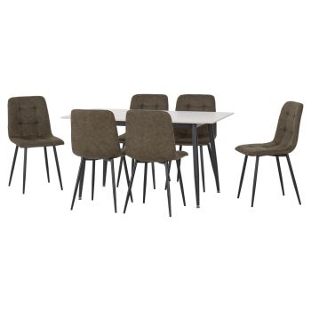 Fenton Dining Table and 6 Chairs Set - L80 x W76 x H140 cm - White Marble Stone Effect/Olive Green Suede