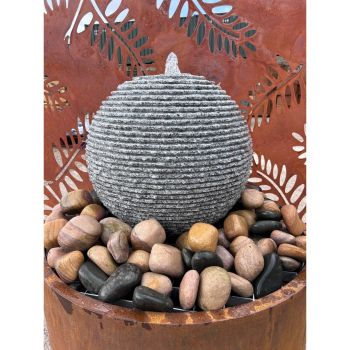 Cascading Grey Granite Sphere Water Feature with Pump, Light, Reservoir and Grid - Diameter 45cm
