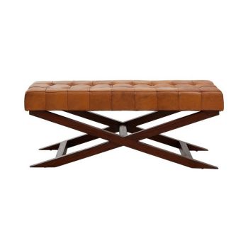 Inca Bench with Cross Base - Wood/Leather - L41 x W121 x H48 cm - Brown