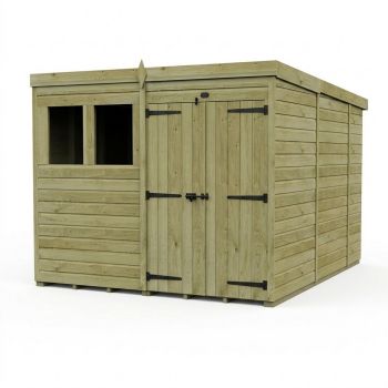 8ft x 10ft Pent Garden Shed Double Door With Windows - Pressure Treated Timber - L244 x W305 x H210 cm - Natural