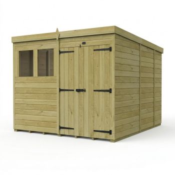 8ft x 9ft Pent Garden Shed Double Door With Windows - Pressure Treated Timber - L244 x W274 x H210 cm - Natural