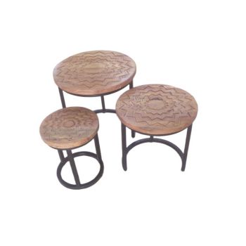 45/38/28cm Nest of Tables (Set of 3) - Wood - L28 X W38 X H45 cm - Dark Carved Zigzag Tabletop