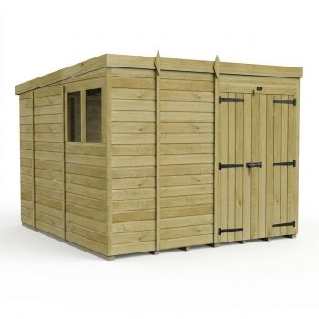 9ft x 10ft Pent Garden Shed Double Door With Windows - Pressure Treated Timber - L274 x W305 x H210 cm - Natural
