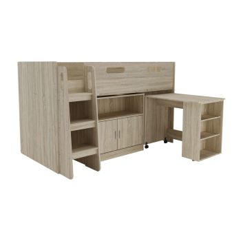 Mid Sleeper Bed Desk Cupboard - L98.6 x W195 x H120 cm - Assembly Required - Oak