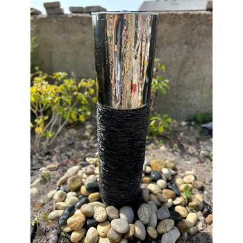 Natural Slate & Stainless Steel Column Water Feature with Pump, Light, Reservoir and Grid - 22cm Dia x 88cm H