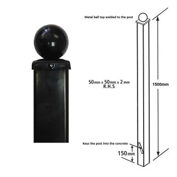 Square Ball Top Concrete-In Blank Post, Any Low Gates - Solid Steel - L50 x W50 x H1500 mm - Electro Galv./Black Powder Coated