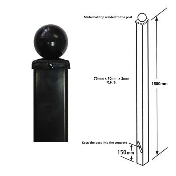 Square Ball Top Concrete-In Blank Post, Any Double Gates - Solid Steel - L70 x W70 x H1500 mm - Electro Galv./Black Powder Coated