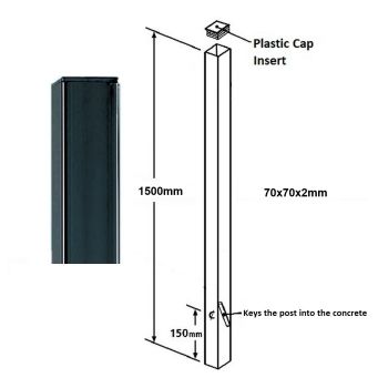 Square Flat Top Concrete-In Blank Post, Any Double Gates - Solid Steel - L70 x W70 x H1500 mm - Electro Galv./Black Powder Coated