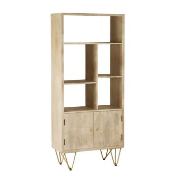 Large Bookcase with 2 Door - Solid Mango Wood - L35 x W80 x H180 cm - Light Gold
