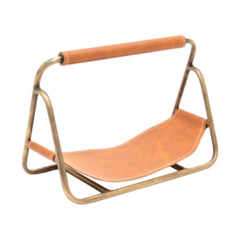 Contemporary Hanging Leather Kindling Holder - Iron - L18 x W29.5 x H20 cm - Antique Brass