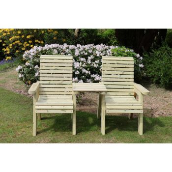 Ergonomical Companion Seat, Wooden Garden Love Seat Chair Set, 2 Chairs w/ Straight Tray - L74 x W170 x H105 cm - Fully Assembled