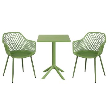 3 Piece Bistro Garden Set with 2 Lattice Armchairs and Square Table - Plastic/Metal - L42.5 X W56.5 X H84.5 cm - Moss Green - Flat Packed
