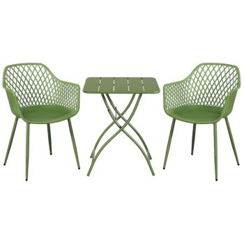 3 Piece Bistro Garden Set with 2 Lattice Armchairs and Square Folding Table - Plastic/Metal - L42.5 X W56.5 X H84.5 cm - Moss Green - Flat Packed