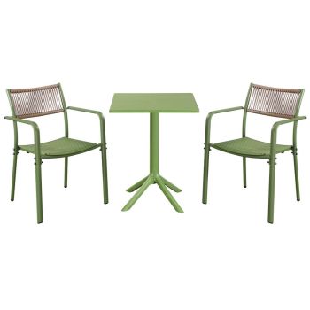 3 Piece Bistro Garden Set with 2 Rope Back Armchairs and Square Table - Plastic/Metal - L56 X W54 X H80 cm - Moss Green - Flat Packed