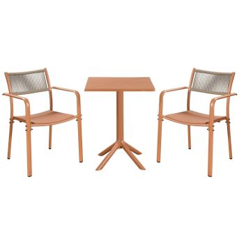 3 Piece Bistro Garden Set with 2 Rope Back Armchairs and Square Table - Plastic/Metal - L56 X W54 X H80 cm - Terracotta - Flat Packed