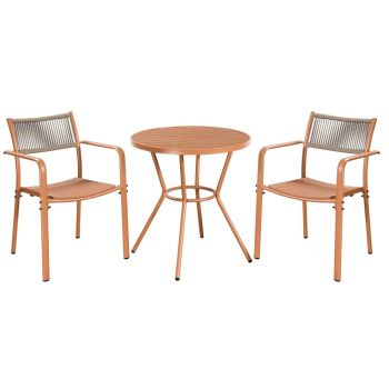 3 Piece Bistro Garden Set with 2 Rope Back Armchairs and Round Table - Plastic/Metal - L56 X W54 X H80 cm - Terracotta - Flat Packed