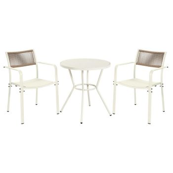 3 Piece Bistro Garden Set with 2 Rope Back Armchairs and Round Table - Plastic/Metal - L56 X W54 X H80 cm - White - Flat Packed