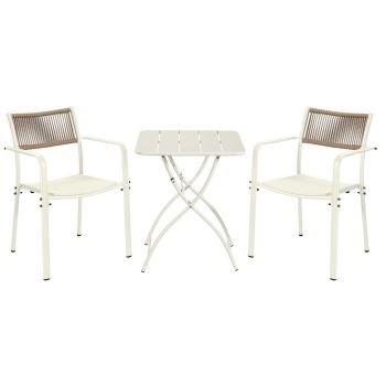 3 Piece Bistro Garden Set with 2 Rope Back Armchairs and Square Foldign Table - Plastic/Metal - L56 X W54 X H80 cm - White - Flat Packed