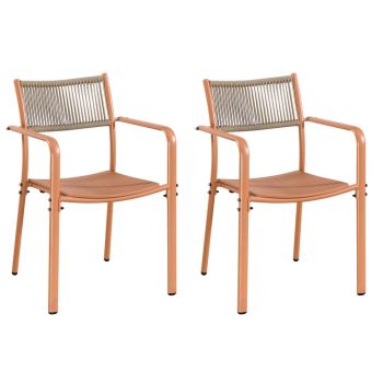 Pair of Rope Effect Backed Bistro Arm Chair - Metal/Plastic - L56 x W54 x H80 cm - Terracotta - Flat Packed
