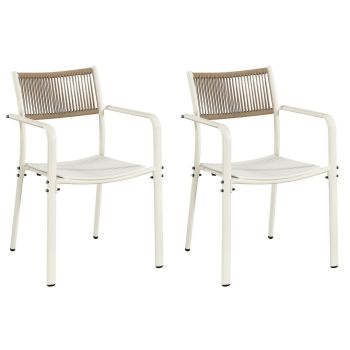 Pair of Rope Effect Backed Bistro Arm Chair - Metal/Plastic - L56 X W54 X H80 Cm - White - Flat Packed