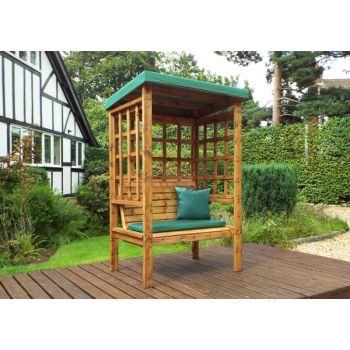 Bramham Two Seat Arbour - W121 x D82 x H196 cm - Fully Assembled - Green Cushion and Roof Cover Included