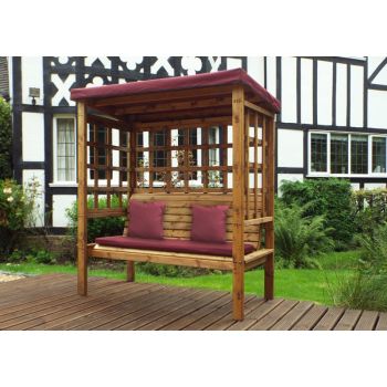 Bramham Three Seat Arbour - W172 x D82 x H196 cm - Fully Assembled - Burgundy Cushion and Roof Cover Included