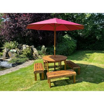 Knights Eight Seater Garden Furniture Round Table Set - L230 x W230 x H80 cm - Burgundy Parasol Included