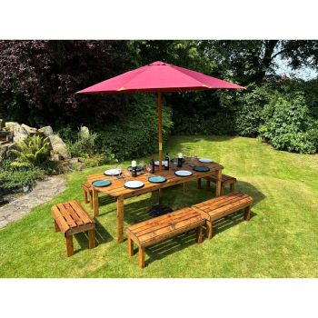 Knights Ten Seater Garden Furniture Table Set - L216 x W400 x H80 cm - Burgundy Parasol Included