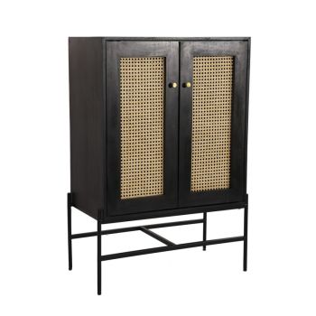 Rattan 2 Door Highboard Cabinet - Mango Wood/Iron - L45 x W80 x H120 cm - Black Finish with Natural Rattan - Assembly Required