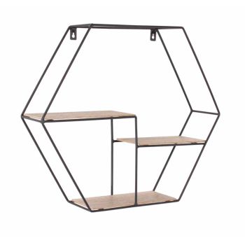 Hexagonal Display Wall Shelf - W48 x D12 x H42 cm - Black Metal/Wood Effect