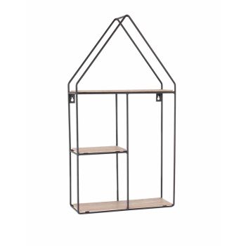 House Shape Display Wall Shelf - W30 x D10 x H56 cm - Black Metal/Wood Effect