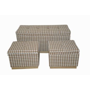 Wide Rectangle Chequered Standard Ottoman with Storage (Set of 3) - Wood