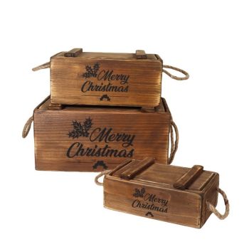 Crates with Lids Rope Handles (Set of 3) - Wood