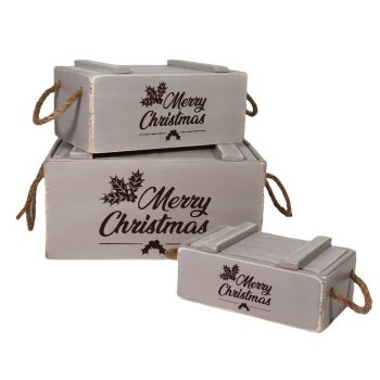 Crates with Lids Rope Hand (Set of 3) - Wood - Rustic Grey