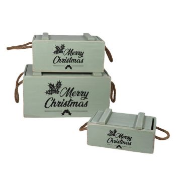 Crates with Lids Rope Han (Set of 3) - Wood - Rustic Green