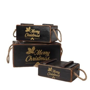 Crates with Lids Rope Han (Set of 3) - Wood - Black - Black